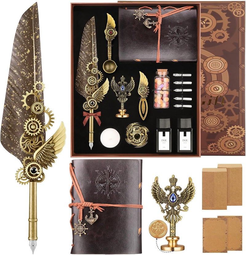 GrnVibe Quill Pen and Ink Set,Calligraphy Pen Set for beginners,Feather Pen Set with Leather Notebook,Pen Holder,5 Replaceable Nibs,Bookmark,Letter Writing Kit & Wax Seal Stamp Kit-Calligraphy Pens Gift Set - Image 1